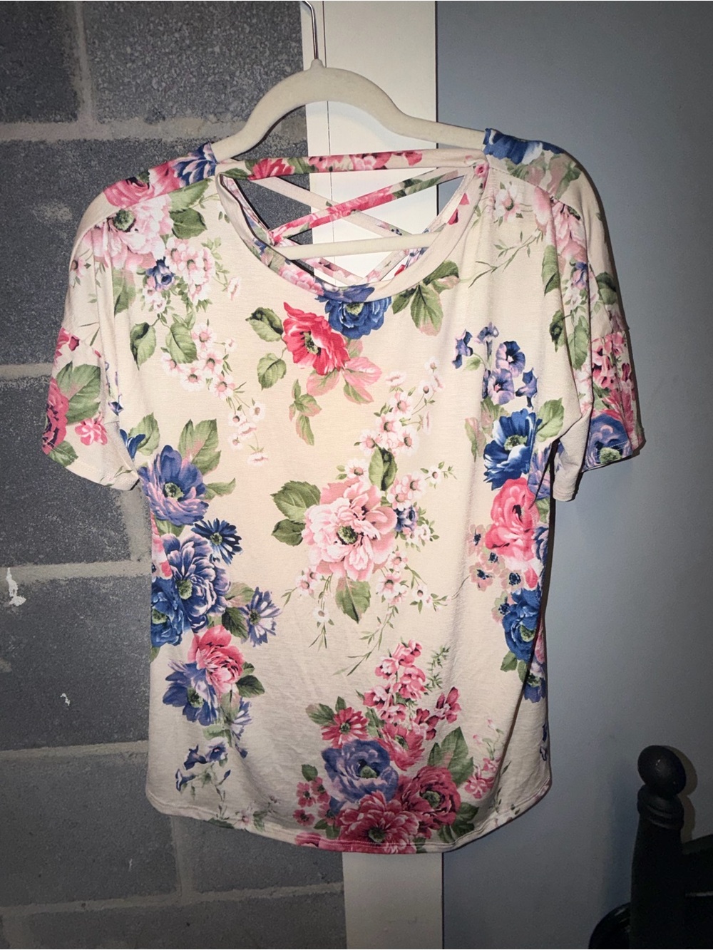 Sew In Love Cream Floral Cross-Back Short Sleeve Top with Pink and Blue Blooms